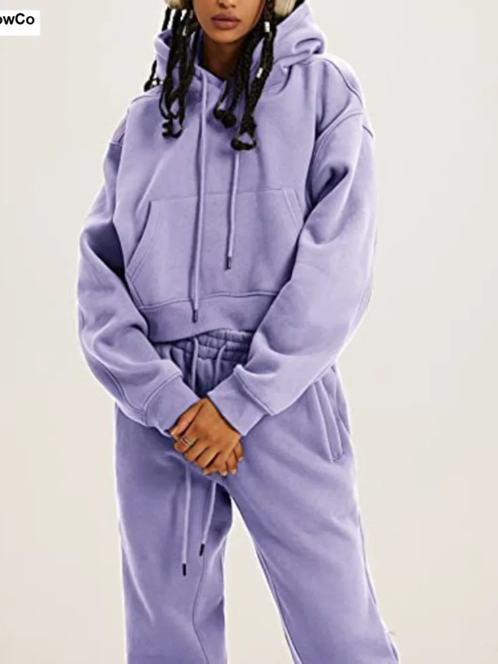 Womens Fleece 2 Piece Sweatsuit Hoodie Crop Top Jogger Pants Set